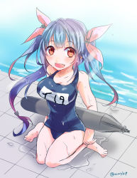 Rule 34 | 10s, 1girl, bad id, bad pixiv id, blue hair, breasts, hair ribbon, i-19 (kancolle), kantai collection, large breasts, long hair, one-piece swimsuit, open mouth, pei (momoyukix), poolside, red eyes, ribbon, school swimsuit, solo, star-shaped pupils, star (symbol), swimsuit, symbol-shaped pupils, torpedo, twintails, wet