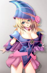 Rule 34 | 1girl, bare shoulders, blonde hair, blue hat, blush stickers, breasts, cleavage, dark magician girl, duel monster, green eyes, hat, highres, kamimon (schwarzkap), large breasts, long hair, looking at viewer, pentacle, solo, wizard hat, yu-gi-oh!