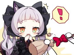 Rule 34 | !, 1girl, absurdres, animal ears, black dress, blush, bow, broom, cat ears, chibi, dress, frilled ribbon, frilled sleeves, frills, grey hair, hair ribbon, hand to own mouth, highres, holding, holding broom, hololive, long hair, long sleeves, misyune, murasaki shion, murasaki shion (gothic lolita), open mouth, orange eyes, red bow, ribbon, simple background, solo focus, spoken exclamation mark, twintails, virtual youtuber, wide sleeves