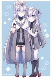 Rule 34 | 2girls, :o, black gloves, black sailor collar, black skirt, blue eyes, blush, bodysuit, boots, closed mouth, clothes writing, commentary request, dated, full body, fuyutsuki (kancolle), gloves, grey hair, grey neckerchief, grey thighhighs, hachimaki, headband, headgear, highres, kabocha torute, kantai collection, long hair, multiple girls, neckerchief, one side up, parted lips, pleated skirt, rudder footwear, sailor collar, school uniform, serafuku, simple background, skirt, standing, suzutsuki (kancolle), thighhighs, twitter username, very long hair, white background, white bodysuit, white headband, white skirt