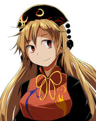 Rule 34 | 1girl, blonde hair, breasts, brown eyes, chinese clothes, daitoutei, junko (touhou), long hair, medium breasts, smile, solo, tabard, touhou, upper body, white background