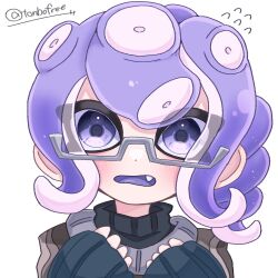 Rule 34 | 1girl, artist name, blush, commentary, dot nose, fang, glasses, highres, looking at viewer, medium hair, nintendo, octoling, octoling girl, octoling player character, open mouth, purple eyes, purple hair, simple background, solo, splatoon (series), teeth, tentacle hair, tonbofree, twitter username, upper body, white background