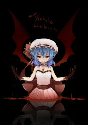 Rule 34 | &gt;:), 1girl, alternate costume, bare shoulders, bat wings, black gloves, blood, blue hair, character name, dress, frilled shirt collar, frills, gloves, hat, hat ribbon, highres, jewelry, looking at viewer, mob cap, nami (snow), necklace, pool of blood, red eyes, red ribbon, reflecting pool, reflection, reflective water, remilia scarlet, ribbon, shaded face, short hair, smile, solo, touhou, tsurime, v-shaped eyebrows, white dress, wings