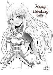 Rule 34 | blonde hair, blue eyes, blunt bangs, capelet, cloak, elf, english text, greyscale, highres, index fingers together, monochrome, pointy ears, princess connect!, saren (princess connect!), shy, solo, suisui (hakkindou)