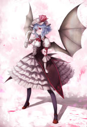 Rule 34 | 1girl, absurdres, alternate costume, ascot, bat wings, black pantyhose, blue hair, breasts, cleavage, colored eyelashes, dress, elbow gloves, eyebrows, frills, gloves, gradient background, hand up, hat, hat ribbon, high heels, highres, juliet sleeves, layered dress, layla891228, long sleeves, looking away, mob cap, pantyhose, parted lips, pink background, puffy sleeves, red eyes, remilia scarlet, ribbon, shadow, short hair, small breasts, solo, touhou, wings