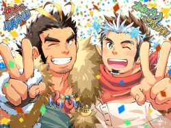 Rule 34 | 2boys, anniversary, bara, beige shirt, black hair, blonde hair, blush, body hair, brown hair, chest hair, confetti, facial hair, fingerless gloves, fur-trimmed gloves, fur collar, fur trim, gloves, goatee, green eyes, highres, light brown hair, long sideburns, looking at viewer, magatama, magatama necklace, male focus, multicolored hair, multiple boys, muscular, necklace, one eye closed, open clothes, open shirt, pectorals, pointy ears, red scarf, scarf, short hair, sideburns, smile, snowflakes, sparkle, sparkling eyes, streaked hair, stubble, tepen (tptptpn), thick eyebrows, tokyo houkago summoners, tomte (housamo), translation request, two-tone hair, upper body, v, white hair, yamasachihiko (housamo), yellow eyes