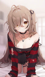 Rule 34 | 1girl, all fours, black choker, black hair, black ribbon, black skirt, blurry, blurry background, breasts, brown eyes, brown hair, choker, cleavage, collarbone, commentary, deyui, eyes visible through hair, hair over one eye, hair ribbon, heart, heart choker, highres, hololive, hololive english, jewelry, long hair, looking at viewer, medium breasts, multicolored hair, nanashi mumei, nanashi mumei (emo), necklace, off shoulder, official alternate costume, one side up, parted lips, pleated skirt, ribbon, shirt, skirt, sleeves past wrists, solo, streaked hair, striped clothes, striped shirt, torn clothes, torn shirt, upper body, very long hair, virtual youtuber, white hair