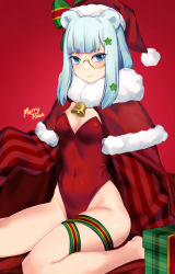 Rule 34 | 1girl, animal ears, aqua eyes, arknights, bare legs, barefoot, bear ears, bear girl, blue eyes, blunt bangs, blush, box, breasts, christmas, cleavage, closed mouth, covered navel, fur-trimmed headwear, fur collar, fur trim, gift, gift box, hat, highleg, highleg leotard, highres, istina (arknights), leotard, long hair, long sleeves, looking at viewer, merry christmas, red background, red hat, red leotard, santa costume, santa hat, simple background, sitting, sleeves past fingers, sleeves past wrists, small breasts, smile, solo, strapless, strapless leotard, wakamepiza, wariza
