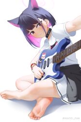Rule 34 | 1girl, absurdres, animal ears, barefoot, black hair, blue archive, choker, electric guitar, feet, guitar, highres, instrument, kazusa (band) (blue archive), kazusa (blue archive), looking at viewer, maozi dan, medium hair, multicolored hair, parted lips, red eyes, soles, toes, two-tone hair