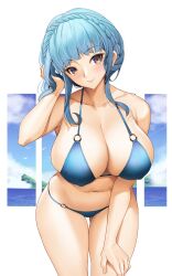 Rule 34 | 1girl, alternate costume, bare shoulders, bikini, blue bikini, blue hair, breasts, brown eyes, cleavage, closed mouth, collarbone, female focus, fire emblem, fire emblem: three houses, hand in own hair, hand on own thigh, highres, large breasts, looking at viewer, marianne von edmund, marianne von edmund (summer), navel, nintendo, sidelocks, sixtybuzzer, smile, solo, standing, swimsuit, thighs