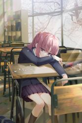 Rule 34 | 1girl, absurdres, cherry blossoms, classroom, desk, highres, jacket, kaf (kamitsubaki studio), kamitsubaki studio, light smile, long hair, looking at viewer, moro (from m0r0), multicolored eyes, parted lips, petals, pink hair, pleated skirt, ponytail, school desk, school uniform, sitting, skirt, solo, sunlight, tree, virtual youtuber, yellow pupils