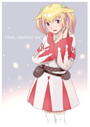 Rule 34 | 10s, 1girl, absurdres, animal ears, belt, belt pouch, blonde hair, brown eyes, copyright name, cowboy shot, dispatch 051, final fantasy, final fantasy xiv, hair ribbon, highres, long sleeves, looking at viewer, miqo&#039;te, open mouth, own hands together, pointy ears, pouch, ribbon, robe, saromarin, short hair, solo, standing, thighhighs, twintails, warrior of light (ff14), white mage (final fantasy), white thighhighs, zettai ryouiki