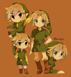 Rule 34 | 1boy, artist name, blue eyes, brown background, brown footwear, closed mouth, full body, green headwear, instrument, link, looking at viewer, multiple persona, nintendo, ocarina, pointy ears, shirt, simple background, smile, the legend of zelda, the legend of zelda: the wind waker, tokuura, toon link, upper body, young link