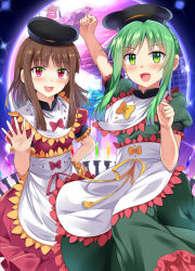 Rule 34 | 2girls, :d, apron, arm up, black hat, blush, bow, brown hair, clenched hand, commentary request, cowboy shot, dress, e.o., green dress, green eyes, green hair, hand on own hip, hand up, hat, highres, long hair, looking at viewer, multiple girls, myouren temple, nishida satono, open mouth, palanquin ship, petticoat, pink eyes, portal (object), puffy short sleeves, puffy sleeves, purple bow, purple dress, purple ribbon, ribbon, short hair with long locks, short sleeves, sidelocks, smile, sparkle, teireida mai, touhou, translation request, waist apron, white apron, yellow bow, yellow ribbon