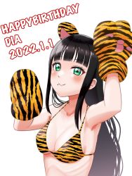 Rule 34 | 1girl, animal ears, animal hands, animal print, aqua eyes, artist name, artist request, bare shoulders, bikini, black hair, blunt bangs, breasts, cat ears, cleavage, collarbone, female focus, gloves, green eyes, highres, hime cut, kurosawa dia, long hair, looking at viewer, love live!, love live! sunshine!!, mole, mole under mouth, paw gloves, paw pose, small breasts, solo, string bikini, swimsuit, upper body, white background