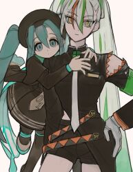 Rule 34 | 2girls, aqua eyes, aqua hair, armband, black coat, black shorts, bug miku (project voltage), closed mouth, coat, creatures (company), dress, fighting miku (project voltage), game freak, gloves, green eyes, green hair, grey hair, hair between eyes, hand on own hip, hat, hatsune miku, korean commentary, long hair, long sleeves, looking at viewer, mingguuu, multicolored hair, multiple girls, necktie, nintendo, pokemon, project voltage, short shorts, shorts, simple background, streaked hair, twintails, very long hair, vocaloid, white gloves, white hair