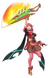 Rule 34 | 1girl, absurdres, aegis sword (xenoblade), black gloves, breasts, chest jewel, d:, earrings, fingerless gloves, fire, full body, gloves, highres, jewelry, large breasts, nintendo, open mouth, pantyhose, pantyhose under shorts, pyra (xenoblade), red eyes, red hair, red shorts, red thighhighs, short hair, short shorts, shorts, shouhei, simple background, solo, super smash bros., swept bangs, thighhighs, tiara, white background, xenoblade chronicles (series), xenoblade chronicles 2