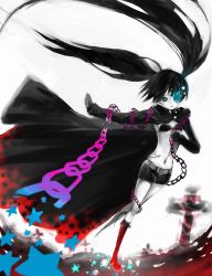 Rule 34 | 10s, 1girl, bad id, bad pixiv id, belt, bikini, bikini top only, black hair, black rock shooter, black rock shooter (character), blue eyes, boots, chain, chome (pixiv), coat, cross, flat chest, front-tie top, gloves, glowing, glowing eye, glowing eyes, hatsune miku, highres, hood, hooded jacket, jacket, knee boots, latin cross, long hair, midriff, navel, pale skin, potetomayone zu, scar, short shorts, shorts, solo, star (symbol), stitches, swimsuit, tears, twintails, uneven twintails, very long hair, vocaloid, wind