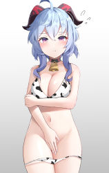 Rule 34 | 1girl, :t, absurdres, ahoge, animal print, bell, bikini, blue hair, blush, breasts, covering privates, covering crotch, cow print, cowbell, ganyu (genshin impact), genshin impact, highres, horns, looking at viewer, medium breasts, navel, panties, panty pull, pout, purple eyes, redshark (t373412), swimsuit, underwear