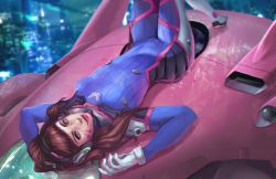 Rule 34 | 1girl, absurdres, arms up, artist name, blurry, bodysuit, brown eyes, brown hair, city lights, cityscape, closed mouth, d.va (overwatch), depth of field, facepaint, facial mark, from behind, gloves, headgear, highres, huge filesize, kastraz, light, long hair, looking at viewer, looking back, mecha, meka (overwatch), overwatch, overwatch 1, pink lips, robot, skin tight, smile, solo, spacecraft, watermark, web address, whisker markings, white gloves
