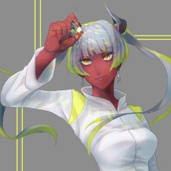 Rule 34 | 1girl, bad id, bad pixiv id, black nails, blonde hair, breasts, colored skin, earrings, grey background, grey hair, hand up, highres, horns, jewelry, medium breasts, multicolored hair, nail polish, original, red skin, shirt, simple background, smile, solo, standing, toake sakuya, two-tone hair, upper body, white shirt, yellow eyes