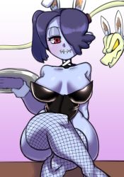 Rule 34 | animal ears, blue hair, blue skin, blush, breasts, colored skin, curvy, detached collar, fishnet legwear, fishnets, hair over one eye, half-closed eyes, hand up, highres, crossed legs, leotard, leviathan (skullgirls), painting fish, pink background, rabbit ears, red eyes, side ponytail, sitting, skullgirls, smile, squigly (skullgirls), stitched mouth, stitches, tray, wide hips, zombie