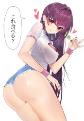 Rule 34 | 1girl, ass, blush, breasts, commentary, covered erect nipples, cowboy shot, damda, fate/grand order, fate (series), food, from behind, hair between eyes, holding, large breasts, long hair, looking at viewer, nail polish, purple hair, red eyes, red nails, scathach (fate), shirt, short shorts, short sleeves, shorts, simple background, smile, solo, thong, translated, very long hair, white background, white shirt