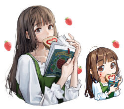Rule 34 | 1girl, blunt bangs, book, brown eyes, brown hair, cropped torso, food, food on face, fruit, hands up, heart, holding, holding book, long hair, long sleeves, looking at viewer, mouth hold, multiple views, open book, original, rinotuna, shirt, strawberry, white background, white shirt
