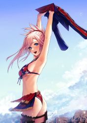 Rule 34 | 1girl, american flag bikini, american flag print, applekun, armpits, arms up, ass, asymmetrical hair, bikini, blue eyes, blue sky, blush, breasts, commentary, day, fate/grand order, fate (series), flag print, hair ornament, hair scrunchie, highres, lips, long hair, looking at viewer, medium breasts, miyamoto musashi (fate), miyamoto musashi (fate/grand order), miyamoto musashi (swimsuit berserker) (fate), miyamoto musashi (swimsuit berserker) (second ascension) (fate), open mouth, outdoors, pink hair, ponytail, print bikini, red scrunchie, scrunchie, shrug (clothing), sideboob, sky, smile, solo, swept bangs, swimsuit, thighs