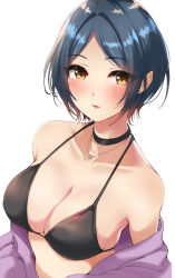Rule 34 | 1girl, absurdres, bikini, black bikini, black choker, blue hair, blush, breasts, choker, cleavage, collarbone, commentary request, dark blue hair, earrings, hayami kanade, heart, heart necklace, highres, idolmaster, idolmaster cinderella girls, jacket, jacket partially removed, jewelry, looking at viewer, medium breasts, murabito c, necklace, parted bangs, parted lips, purple jacket, short hair, simple background, solo, stud earrings, swimsuit, upper body, white background, yellow eyes