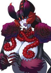 Rule 34 | 1girl, blue skin, breasts, bug, claws, colored skin, concept art, flower, large breasts, monster girl, navel, nemu (nora), open mouth, pale skin, plant, purple skin, rose, smile, spider, thighhighs, tongue, tongue out, vines