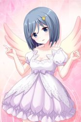 Rule 34 | 1girl, alternative girls, angel, angel wings, blue eyes, blush, breasts, rabbit hair ornament, cleavage, collarbone, cowboy shot, dress, frilled dress, frills, grey hair, hair ornament, lavender dress, looking at viewer, medium breasts, official art, orimiya yui, parted lips, pink background, puffy short sleeves, puffy sleeves, short hair, short sleeves, simple background, smile, standing, white dress, wings