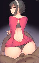Rule 34 | 1boy, 1girl, ass, back, bar censor, black hair, black panties, black thighhighs, blush, braid, censored, clothing aside, dark-skinned male, dark skin, doggystyle, earrings, from behind, hairband, half-closed eyes, hetero, highres, interracial, jewelry, looking at viewer, looking back, mukka, open mouth, panties, panties aside, pussy, red eyes, sex, sex from behind, sidelocks, sitting, solo focus, speed lines, spy x family, thighhighs, tongue, tongue out, trembling, underwear, vaginal, wariza, yor briar