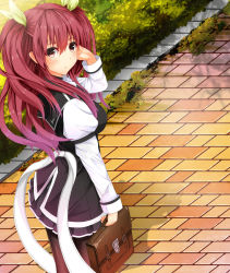 Rule 34 | 10s, 1girl, artist request, bag, black pantyhose, briefcase, hair ribbon, hand in own hair, highres, holding, long hair, looking at viewer, outdoors, pantyhose, rakudai kishi no cavalry, red eyes, red hair, ribbon, school bag, school briefcase, solo, stella vermillion, twintails, yellow ribbon