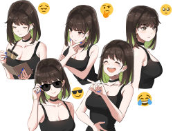 Rule 34 | 1girl, bare shoulders, black hair, blush, breasts, choker, cleavage, closed eyes, collarbone, credit card, earrings, emoji, fingernails, glasses, green hair, highres, holding, jewelry, lips, looking at viewer, medium breasts, miru (ormille), mole, mole on breast, multicolored hair, multiple views, nail polish, open mouth, original, ormille, short hair, simple background, smile, sunglasses, tears, thinking emoji, two-tone hair, upper body, white background
