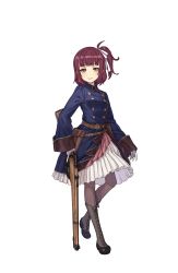 Rule 34 | 1girl, belt pouch, bolt action, boots, brown footwear, brown hair, brown pantyhose, cross-laced footwear, full body, gloves, gun, highres, holding, holding gun, holding weapon, lace-up boots, lee-enfield, looking at viewer, medium hair, official art, pantyhose, pouch, princess principal, princess principal game of mission, rifle, skirt, smile, solo, stephanie (princess principal), transparent background, weapon, white gloves, white skirt, yellow eyes