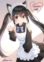 Rule 34 | 1girl, aliter, animal ear fluff, animal ears, apron, bare shoulders, black dress, black hair, blush, bow, bowtie, brown background, brown eyes, cat ears, closed mouth, clothing cutout, commentary, cowboy shot, dress, extra ears, eyebrows hidden by hair, gradient background, hair between eyes, hair ornament, hand up, happy birthday, heart, highres, juliet sleeves, k-on!, long hair, long sleeves, looking at viewer, maid headdress, nakano azusa, paw pose, puffy long sleeves, puffy sleeves, shoulder cutout, signature, sleeves past wrists, solo, striped bow, striped bowtie, striped clothes, twintails, two-tone neckwear, wavy mouth, white apron, white background