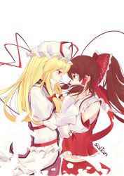 Rule 34 | 2girls, blonde hair, bow, brown eyes, brown hair, collar, couple, cowboy shot, detached sleeves, dress, feathers, frilled bow, frilled collar, frilled shirt collar, frills, hair bow, hair tubes, hakurei reimu, hand on another&#039;s cheek, hand on another&#039;s face, hat, hat ribbon, highres, long hair, long sleeves, looking at another, mob cap, multiple girls, ponytail, profile, purple eyes, red skirt, ribbon, sad, salian, simple background, skirt, sleeveless, smile, tabard, touhou, white background, white dress, yakumo yukari, yuri