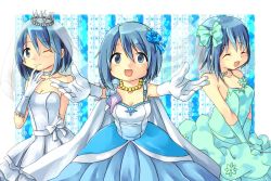 Rule 34 | 10s, 1girl, :d, bare shoulders, blue eyes, blue hair, bow, breasts, cape, choker, cleavage, closed eyes, collarbone, crown, dress, flower, gloves, hair bow, hair flower, hair ornament, jewelry, mahou shoujo madoka magica, mahou shoujo madoka magica (anime), medium breasts, miki sayaka, necklace, one eye closed, open mouth, pearl necklace, pokopokoko, short hair, smile, veil, wink