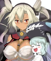Rule 34 | 10s, 2girls, :d, abyssal ship, bare shoulders, between breasts, blonde hair, blush, blush stickers, body blush, breasts, chibi, covered erect nipples, dark-skinned female, dark skin, female focus, glasses, grey hair, hair between eyes, hairband, headgear, kantai collection, large breasts, long hair, long image, looking at viewer, multiple girls, musashi (kancolle), mushi gyouza, open mouth, pale skin, personification, pointy hair, red eyes, sarashi, short hair, simple background, smile, tall image, text focus, tsurime, turtleneck, twintails, two side up, upper body, white background, wo-class aircraft carrier