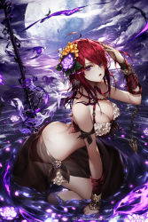 Rule 34 | 1girl, age of ishtaria, arm at side, arm ribbon, arm wrap, ass, bare shoulders, bikini, bikini skirt, black ribbon, breasts, butt crack, chain, cloud, cloudy sky, collarbone, copyright notice, earrings, fingernails, flower, frilled bikini, frills, full moon, hair between eyes, hair flower, hair ornament, hand in own hair, hand to head, hand up, jewelry, lance, large breasts, long hair, looking at viewer, moon, night, night sky, open mouth, outdoors, partially submerged, planted, planted spear, polearm, red bikini, red hair, red ribbon, ribbon, ripples, sarong, sitting, sky, solo, spear, star (sky), starry sky, swimsuit, wanke, wariza, water, weapon