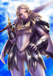 Rule 34 | 1girl, armor, blonde hair, bodysuit, boken fantasy, breasts, cape, claymore (series), claymore (sword), female focus, grey eyes, highres, long hair, outdoors, sky, smile, solo, sword, teresa, wavy hair, weapon