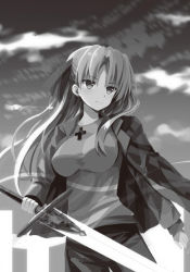 Rule 34 | 1girl, breasts, campione!, closed mouth, cowboy shot, earrings, erica blandelli, floating hair, greyscale, hair ribbon, holding, holding sword, holding weapon, jacket, jacket on shoulders, jewelry, large breasts, long hair, monochrome, outdoors, pants, ribbon, sham (vwac8385), smile, solo, standing, sword, very long hair, weapon