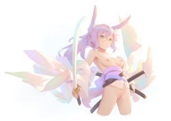 Rule 34 | 1girl, animal ear fluff, animal ears, armpits, bare shoulders, bigrbear, bottomless, breasts, cleft of venus, closed mouth, cowboy shot, cropped legs, detached sleeves, green eyes, hair between eyes, holding, holding sword, holding weapon, japanese clothes, katana, kimono, looking at viewer, medium breasts, nipples, obi, original, ponytail, purple hair, pussy, revealing clothes, sash, short kimono, simple background, solo, strapless, sword, tail, uncensored, weapon, white background