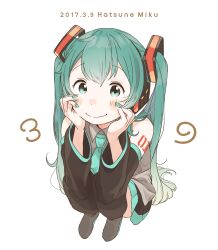 Rule 34 | 1girl, 39, absurdres, aqua eyes, aqua hair, aqua nails, aqua necktie, bare shoulders, black skirt, black sleeves, black thighhighs, blush stickers, commentary, detached sleeves, foreshortening, from above, grey shirt, hair ornament, hands on own cheeks, hands on own face, hatsune miku, headphones, highres, kana (okitasougo222), long hair, looking at viewer, miku day, miniskirt, necktie, pleated skirt, shirt, shoulder tattoo, skirt, sleeveless, sleeveless shirt, smile, solo, squatting, tattoo, thighhighs, twintails, very long hair, vocaloid, white background