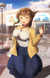 Rule 34 | alternate costume, bag, bouncing breasts, breasts, brown hair, collar, collarbone, closed eyes, folded ponytail, impossible clothes, inazuma (kancolle), jewelry, kantai collection, large breasts, maku ro, aged up, outdoors, ring, smile, urban