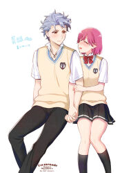 Rule 34 | 1boy, 1girl, artist name, black pants, black skirt, black socks, blush, bob cut, bow, bowtie, breasts, closed eyes, collared shirt, couple, feet out of frame, grey hair, hetero, holding another&#039;s arm, holding hands, jewelry, krudears, light smile, looking at another, medium breasts, miniskirt, necklace, open mouth, pants, pink hair, pleated skirt, protagonist (tokimemo gs3), red bow, red bowtie, red eyes, school uniform, shirt, shitara seiji, short hair, short sleeves, skirt, smile, socks, striped bow, striped bowtie, striped clothes, sweater vest, tokimeki memorial, tokimeki memorial girl&#039;s side 3rd story, twitter username, white background, white shirt