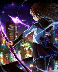 Rule 34 | 10s, 1girl, akemi homura, argyle, argyle clothes, argyle legwear, arrow (projectile), ass, black hair, black pantyhose, bow (weapon), building, city, city lights, cityscape, cowboy shot, diffraction spikes, from side, glowing, hair ribbon, holding, holding bow (weapon), holding weapon, long hair, long sleeves, looking away, magical girl, mahou shoujo madoka magica, mahou shoujo madoka magica (anime), night, night sky, outdoors, pantyhose, purple eyes, red ribbon, ribbon, skirt, sky, skyscraper, solo, standing, tanukimaso, weapon, wind