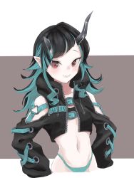 Rule 34 | 1girl, nanashi inc., belt, belt bra, black hair, black jacket, blue belt, blue hair, blue panties, blush, brown background, chest belt, clothing cutout, commentary request, cropped jacket, cross-laced clothes, cross-laced sleeves, demon girl, demon horns, fang, flat chest, gin (tttetu123), highleg, highleg panties, highres, horns, jacket, long hair, long sleeves, looking at viewer, midriff, multicolored hair, navel, open clothes, open jacket, open mouth, panties, pointy ears, red eyes, shishio chris, shoulder cutout, simple background, skin fang, sleeves past fingers, sleeves past wrists, smile, solo, sugar lyric, two-tone background, two-tone hair, underwear, upper body, virtual youtuber, white background, zipper