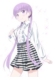 Rule 34 | 1girl, blush, center frills, cowboy shot, dress shirt, frills, highres, long hair, makicha, new game!, purple eyes, purple hair, shirt, simple background, skirt, smile, solo, standing, striped clothes, striped skirt, suspender skirt, suspenders, suzukaze aoba, twintails, very long hair, white background, white shirt